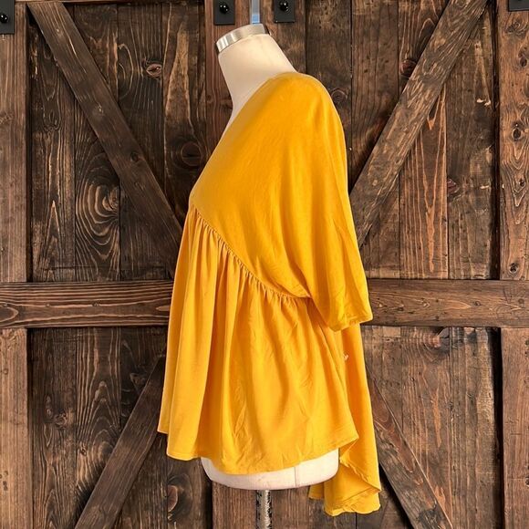ZARA Mustard Yellow V Neck BABYDOLL RUFFLE PLEATED DRAPE HI LOW Sz-Small - Picture 4 of 11